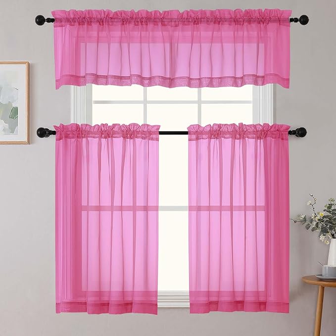Hot Pink Kitchen Curtains 30 Inch Length Tier 2 PCS, Solid Soft Airy Half - Image 8