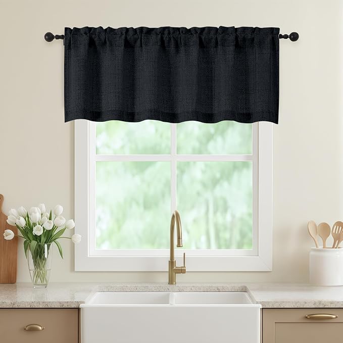 Black Valances for Windows, Light Filtering Faux Linen Textured Small Short by WelvetBLK
