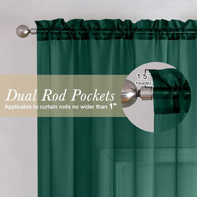 Lecloud Hunter Green Sheer Curtains 54 Inch Length 2 Panels, Voile Light - Image 2