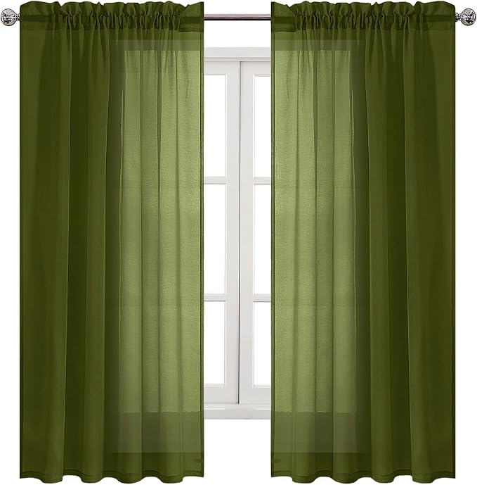 DWCN Olive Green Sheer Curtains Semi Transparent Voile Rod Pocket Curtains - Image 9