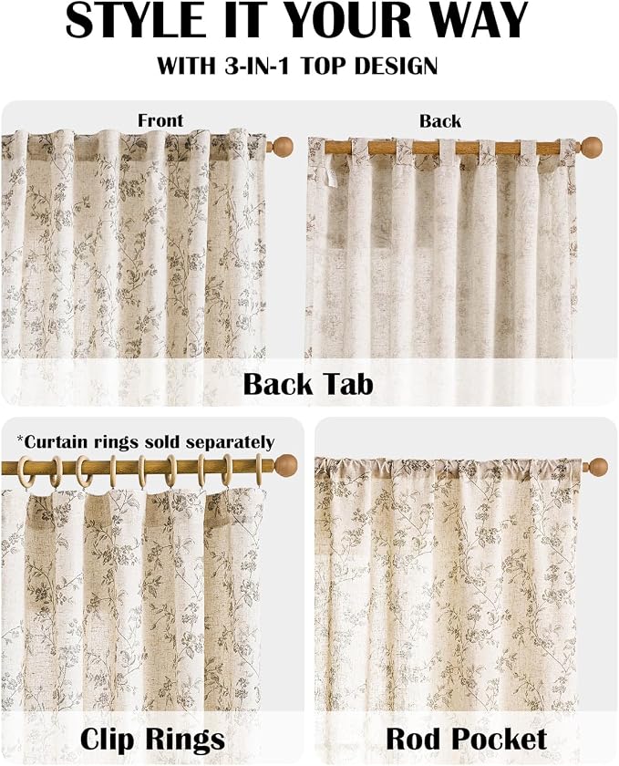 Lazzzy Grey Floral Linen Curtains 84 Inch Farmhouse Back Tab Drapes - Image 4