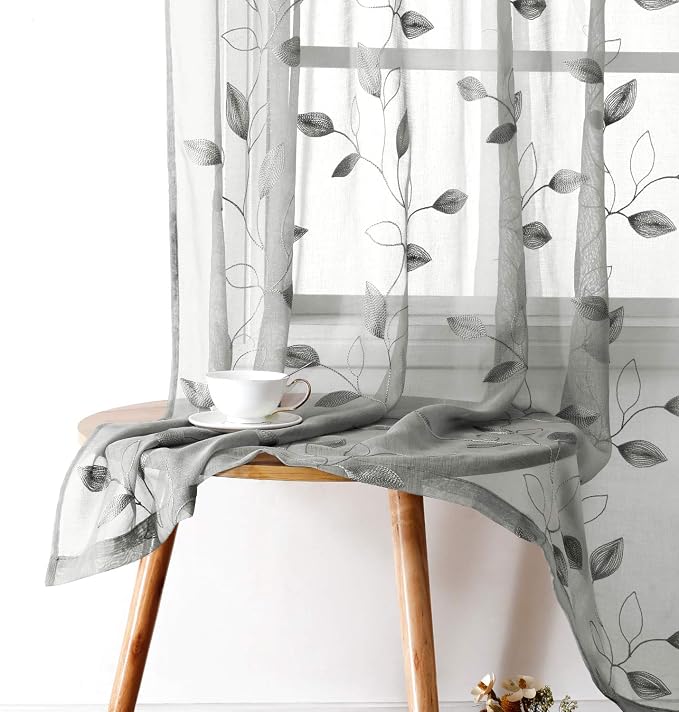 HOMEIDEAS Light Grey/Gray Sheer Curtains 52 X 63 Inches Length 2 Panels by HOMEIDEAS