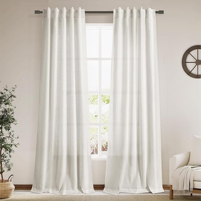 Linen Sheer Curtains 108 Inches Long Back Tab Rod Pocket 2 Panels Cream Semi by Nanspring