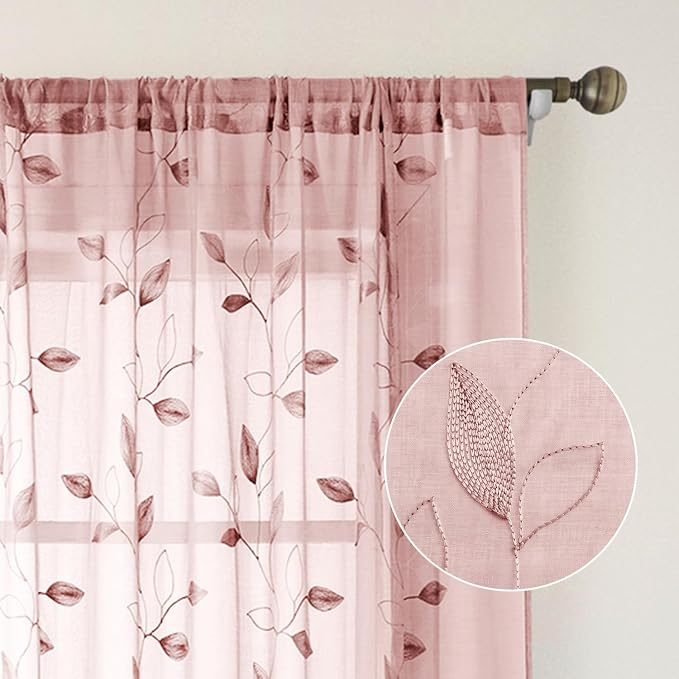 HOMEIDEAS Blush Pink Sheer Kitchen Curtains 52 x 45 Inch Length 2 Panels - Image 5