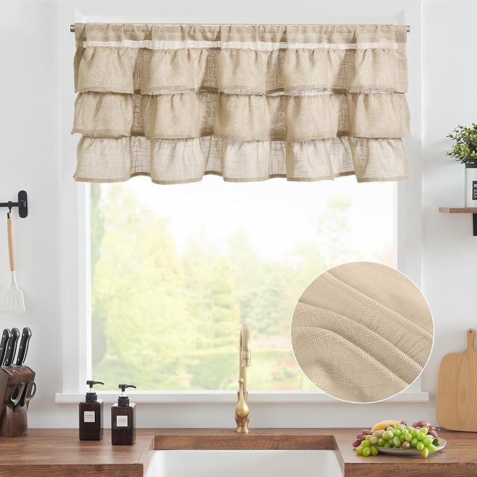 jinchan Ruffled Valance Curtain Slubbed Crossed Kitchen Valance Vintage - Image 2