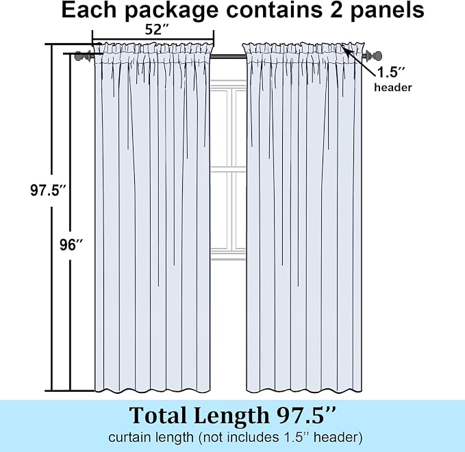 Simplebrand Semi Sheer White Curtains 96 Inches Long 2 Panels, Light Filtering - Image 2