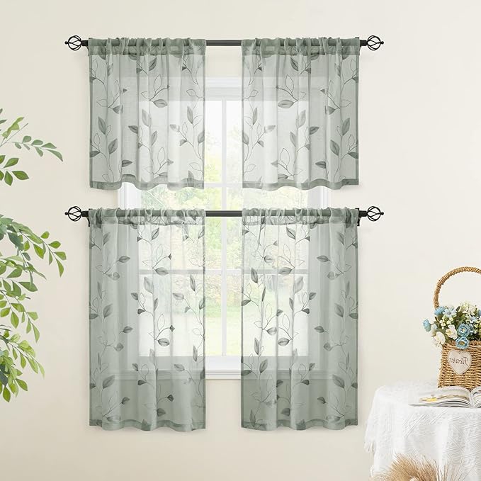 HOMEIDEAS Sage Green Sheer Kitchen Curtains 30 X 36 Inch Length 2 Panels - Image 5