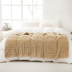 Beige Throw Blanket 50"×60" inches Fuzzy 3D Jacquard Decorative Flannel Fleece - Image 3