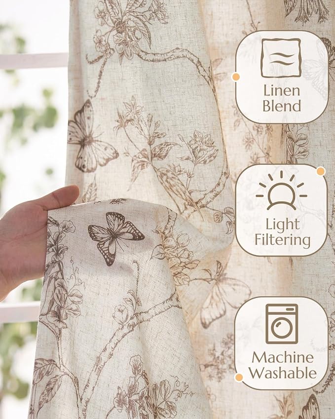 jinchan Floral Linen Curtains for Living Room 96 Inch Length Butterfly Curtain - Image 4