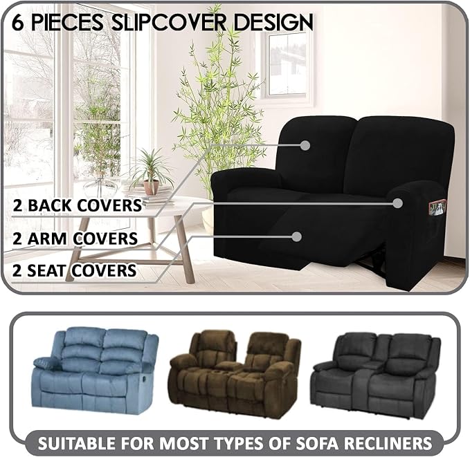 ULTICOR Reclining Love Seat Slipcover, 6-Piece Velvet Stretch Loveseat - Image 3