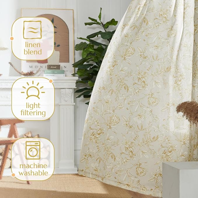 jinchan Floral Curtains 90 Inch Length Mustard Yellow Flower Linen Farmhouse - Image 7