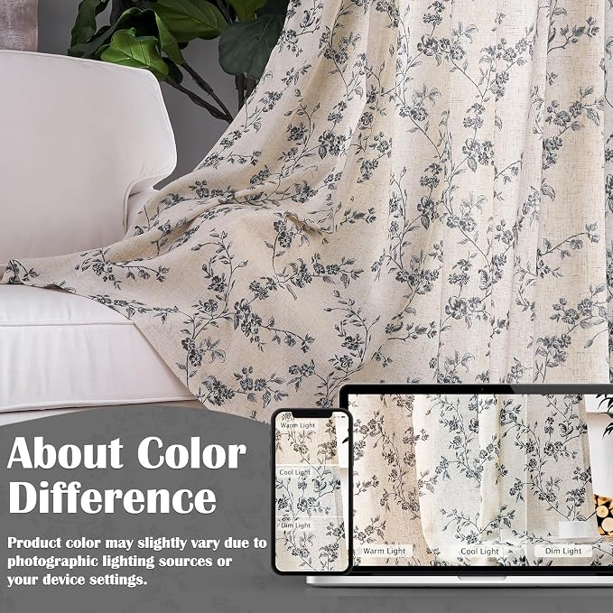 Lazzzy Farmhouse Linen Curtains Extra Long Black Floral Curtains 108 Inch - Image 7