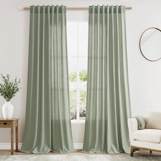 Nanspring Desert Sage Linen Curtains Semi Sheer 96 Inches Long 2 Panels Set by Nanspring