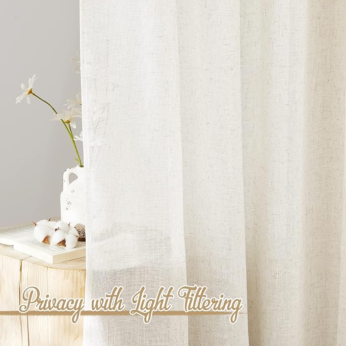 NICETOWN Linen Burlap Bedroom Curtains 63 inches Long, Grommet Semi Sheer Flax - Image 3