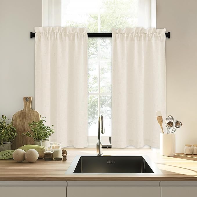 RYB HOME Kitchen Curtains, 30 inches Long Linen Rod Pocket Semi Sheer Cuartins - Image 7