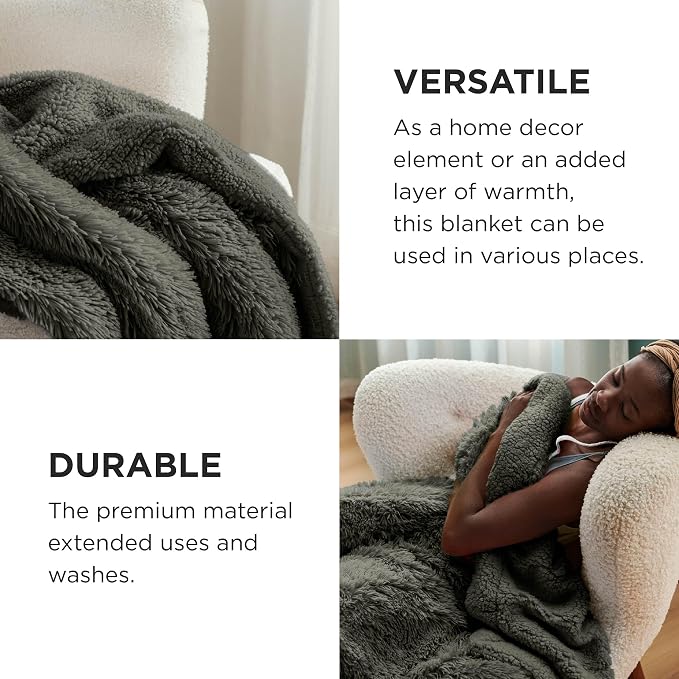 Bedsure GentleSoft Fuzzy Sherpa Faux Fur Twin Blanket Olive Green Cozy Gifts - Image 4