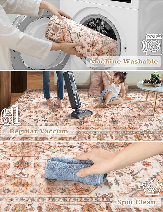SERISSA Boho Washable Runner Rug, 2x5 Non-Slip Vintage Peach Cream Hallway - Image 2