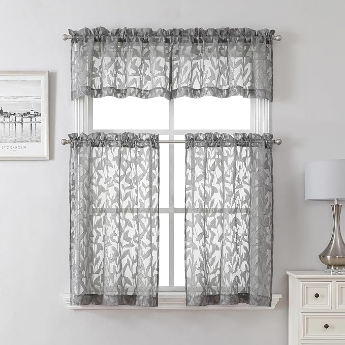 Lecloud Leia Charcoal Grey Sheer Curtains 2 Pieces, 30 Inch Short Curtains - Image 7