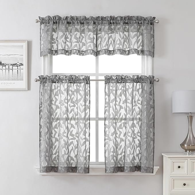 Lecloud Leia 36 Inch Charcoal Grey Sheer Curtains Tiers 2 Panels, Clip Textured - Image 9