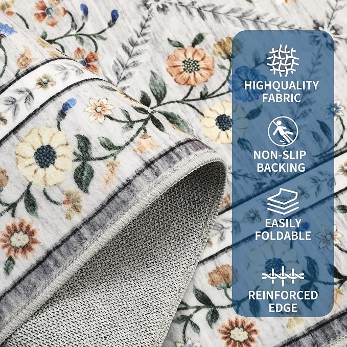 GarveeHome Grey Floral Rug 4x6 Rug Machine Washable Area Rug - Image 3