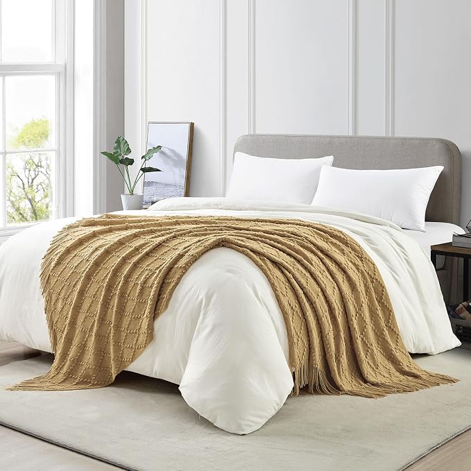 BOURINA Mustard Throw Blanket 50 x70 Inches Jacquard Argyle Throw Textured - Image 4