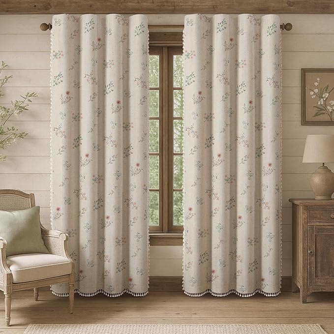 Boho Floral Spring 100% Blackout Curtains 84 Inch Length 2 Panels Set, Linen - Image 7