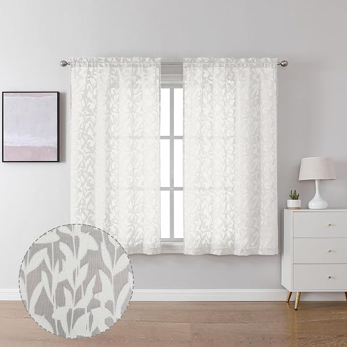 Lecloud Leia Jacquard Textured Ivory Semi Sheer Curtain 45 Inch Length by Lecloud