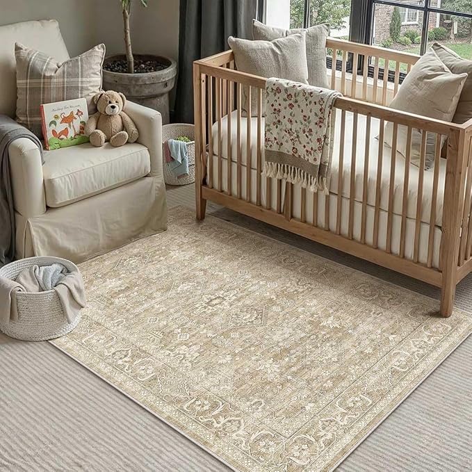 4x6 Washable Area Rug for Living Room Bedroom Vintage Beige Soft Low Pile - Image 3