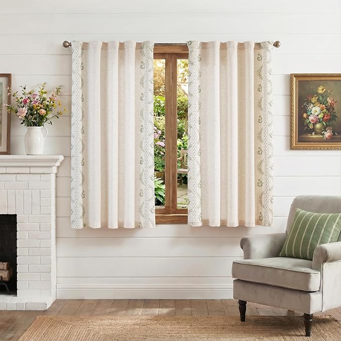 jinchan Belrose Linen Floral Cafe Curtains 45 Inch Length Embroidered Farmhouse - Image 2