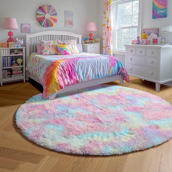 Amdrebio Rainbow Fluffy Small Round Rug 3Ft Kids Rugs - Image 2
