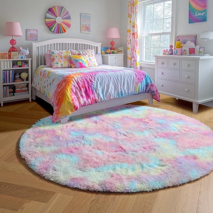 Amdrebio Rainbow Fluffy Round Rug 6Ft Kids Rugs - Image 2
