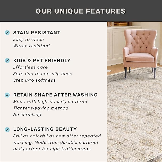 Beige 3x10 Washable Long Hallway Runner Rug Non Slip, Stain & Fade Resistant - Image 5