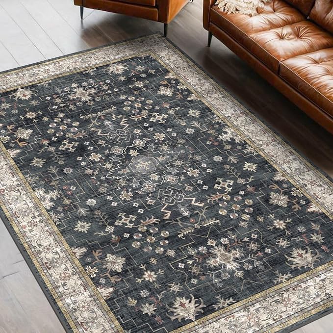 Black Boho Living Room Rug 5x7, Washable Dark Vintage Moody Low Pile Non Slip by HazoHaus