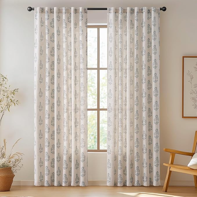 jinchan Linen Floral Curtains for Living Room 84 Inch Length Blue Flower - Image 2