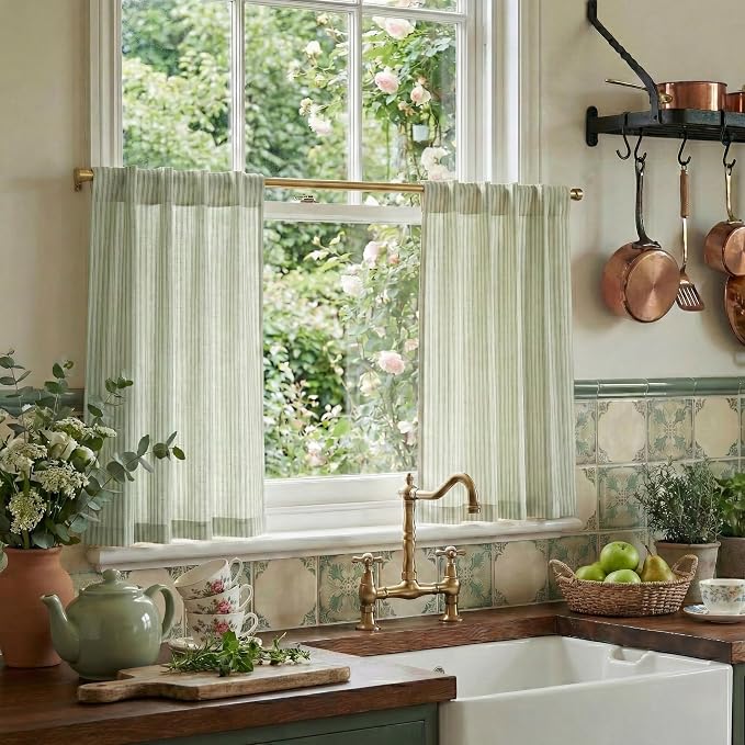 RYB HOME Sage Green Linen Kitchen Cafe Curtains 24 inch Length, Farmhouse by RYBHOME