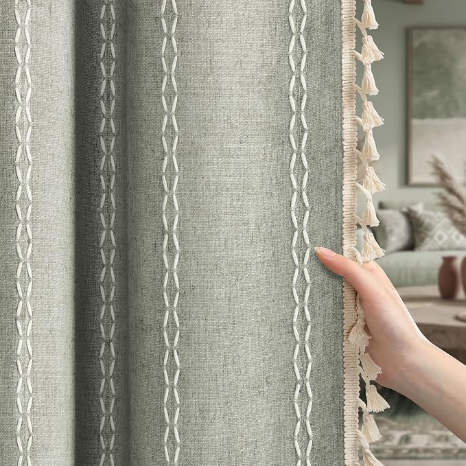 Boho Blackout Curtains 63 Inches Long Sage Green Linen Blend 2 Panels - Image 2