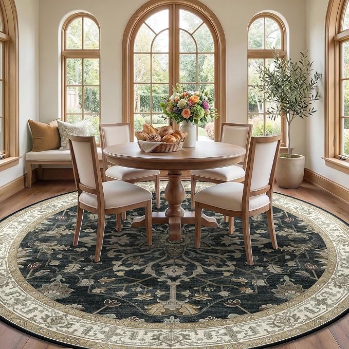 Area Rugs Round 8ft Washable Non-Slip, Floral Vintage Distress Print Pattern - Image 2