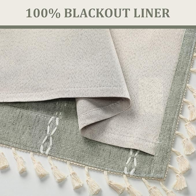 Boho Blackout Curtains 63 Inches Long Sage Green Linen Blend 2 Panels - Image 4
