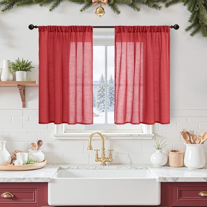 BGment Red Kitchen Curtains 36 Inch Length, Short Semi Sheer Drapes Lightweight by BGment