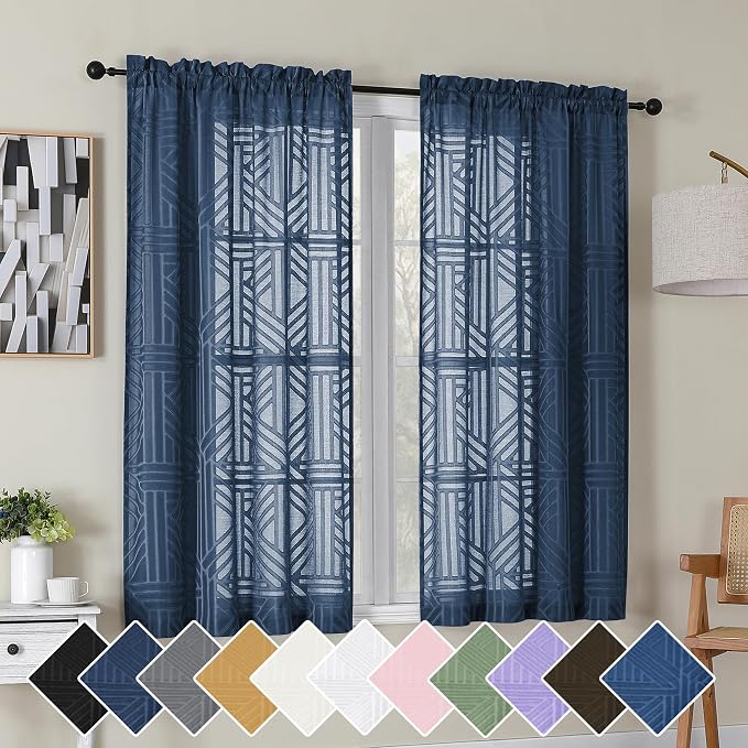 Simplebrand Navy Blue Semi Sheer Curtains 54 Inch Length 2 Panels, Geometric by Simplebrand
