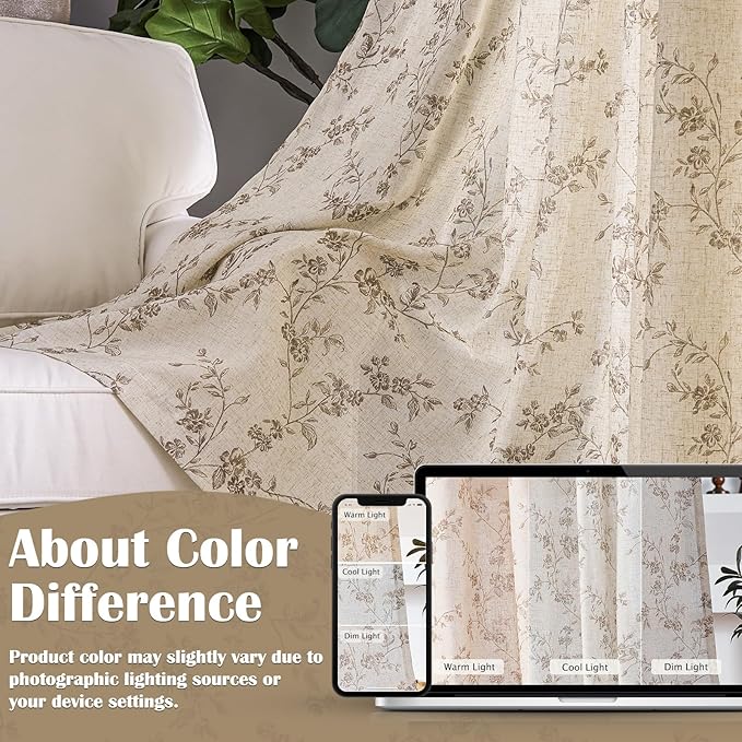 Lazzzy Taupe Floral Linen Curtains 96 Inch Farmhouse Back Tab Drapes - Image 9