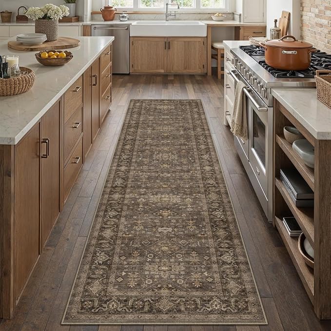 2'6x12 Washable Runner Rug for Hallway Kitchen Vintage Brown Non Slip Low Pile - Image 4