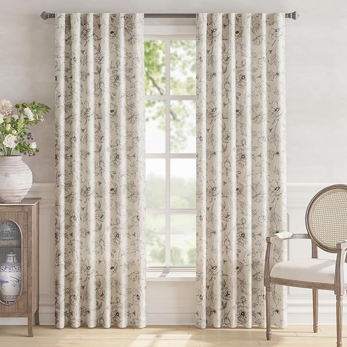 jinchan Linen Floral Curtains for Living Room 84 Inch Length Grey Flower - Image 2