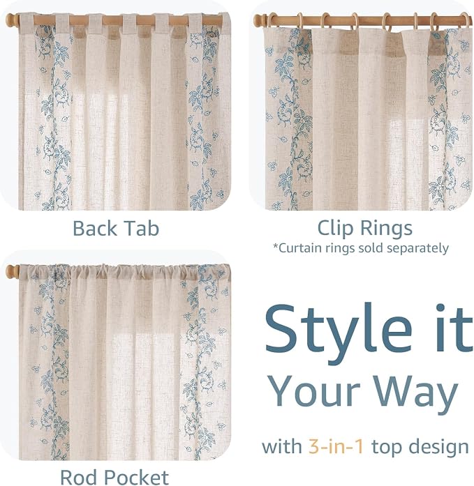 jinchan Evelyn Embroidered Linen Curtains 63 inch Floral Curtains - Image 8