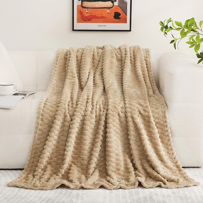 Puncuntex Beige Throw Blanket 60"×80" inches Fuzzy 3D Jacquard Decorative - Image 2