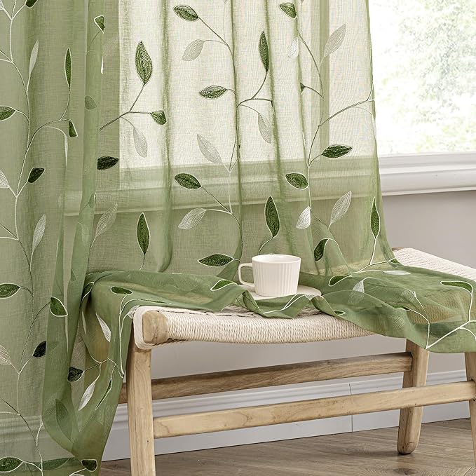 MIULEE Sage Green Sheer Curtains 2 Panels Embroidered Leaf Patterned Rod Pocket by MIULEE