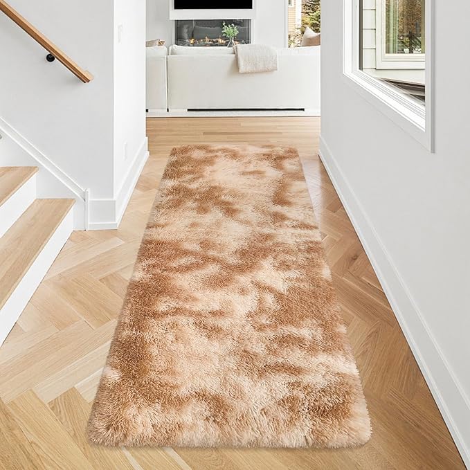 Super Soft Fluffy Living Room Area Rugs 2x5 ft Tie-Dyed Beige Shaggy Furry - Image 2