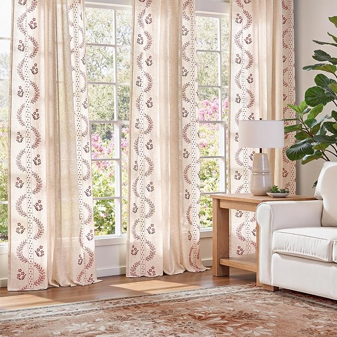 jinchan Belrose Linen Curtains for Bedroom Floral Curtains 63 Inch Length Linen - Image 3