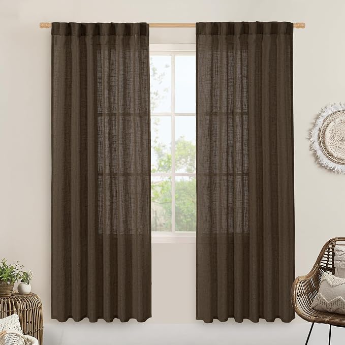 LAMIT Dark Brown Sheer Linen Curtains, 80 inch Light Filtering Semi Sheer by LAMIT