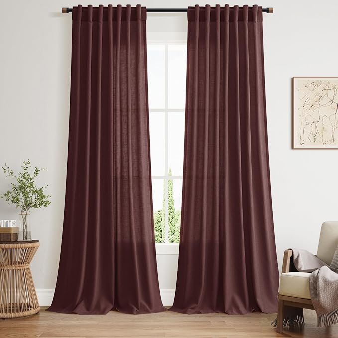 Nanspring Reddish Brown Linen Blend Light Filtering Back Tab Curtains 108 by Nanspring